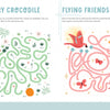 A page from KindKids Fun Mazes by Schiffer Publishing, Ltd. features colorful mazes: one green with a crocodile and orange, and one pink with birds and butterflies, both filled with winding paths, flowers, leaves, and small animals.