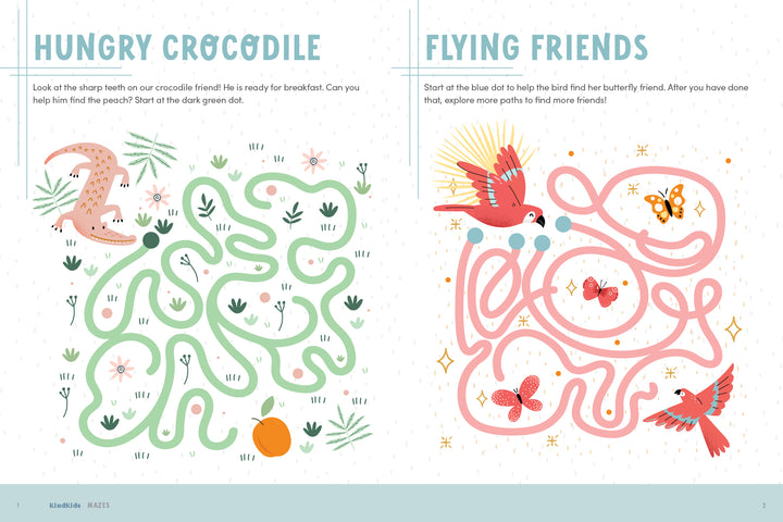 A page from KindKids Fun Mazes by Schiffer Publishing, Ltd. features colorful mazes: one green with a crocodile and orange, and one pink with birds and butterflies, both filled with winding paths, flowers, leaves, and small animals.