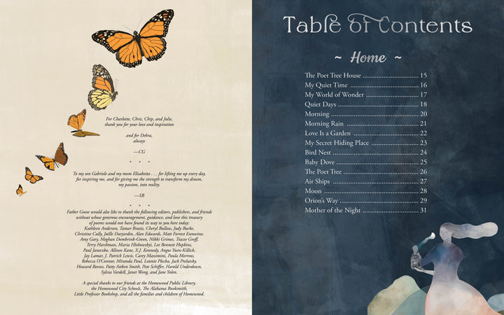The Father Goose Treasury of Poetry by Schiffer Publishing, Ltd. features butterflies with dedications on the left page and a blue-and-white Table of Contents with poem titles and a silhouette on the right, perfect for this illustrated children’s poetry book.