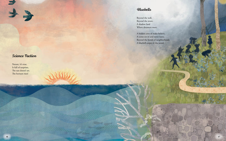 An illustrated spread in *The Father Goose Treasury of Poetry* (Schiffer Publishing, Ltd.) shows a sunrise over the ocean, children playing among bluebells, soaring birds, and poems titled “Science Fraction” and “Bluebells.”.