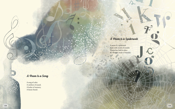 A dreamy, watercolor-style spread from The Father Goose Treasury of Poetry (Schiffer Publishing, Ltd.) features musical notes, a web, letters, and two poems—“A Poem Is a Song” and “A Poem Is a Spiderweb”—amid faded background motifs.