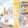 A man gathers firewood in the snow while a cat lingers nearby. Through the window, children play with trucks. This cozy scene recalls the warmth and friendship found in Schiffer Publishing, Ltd.'s "Spring Is for Strawberries.