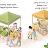 An illustrated scene from "Spring Is for Strawberries" by Schiffer Publishing, Ltd.: At a bustling farmers market, families browse stalls and children sample treats, spotting signs for fresh strawberries and garden produce.