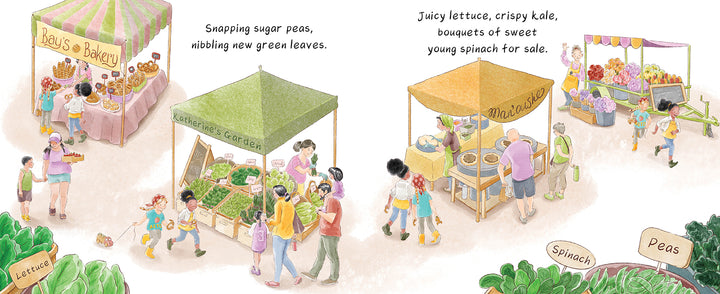 An illustrated scene from "Spring Is for Strawberries" by Schiffer Publishing, Ltd.: At a bustling farmers market, families browse stalls and children sample treats, spotting signs for fresh strawberries and garden produce.