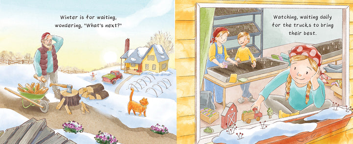 A man stands outside in winter with firewood while a cat walks nearby; inside, a woman and two children play by a window—evoking a scene from "Spring Is for Strawberries" by Schiffer Publishing, Ltd., like an illustrated tale of friendship.