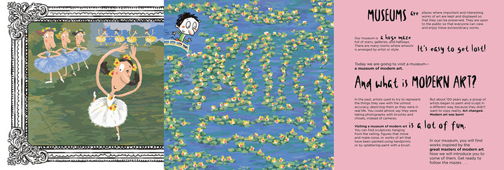 An illustrated spread from "Let's Go to the Museum" by Schiffer Publishing, Ltd. features ballerinas and ducks on the left, a boy with a map in the center, playful text about an art museum maze, and modern art movements amid yellow ducks.
