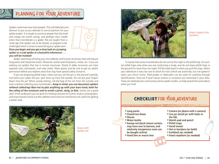Two children explore outdoors with a white butterfly net and inspect their catch. The page from Adventures in Community Science by Schiffer Publishing, Ltd. offers outdoor adventure tips, project-based learning ideas, and an insect observation checklist.