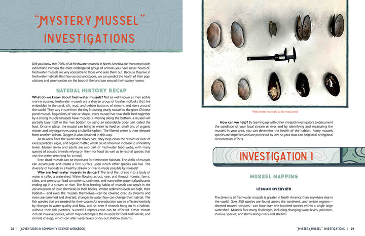 A two-page spread titled “Mystery Mussel Investigations” in the Adventures in Community Science Workbook by Schiffer Publishing, Ltd. features freshwater mussel facts, lesson instructions, and a photo of shells with a caliper.