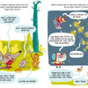 A colorful children's book illustration from "The Golden Dragon" by Schiffer Publishing, Ltd. shows forest sprites talking to Areta and pretending to turn her and her friend to stone, while fireflies shaped like alien spaceships agree to help her.