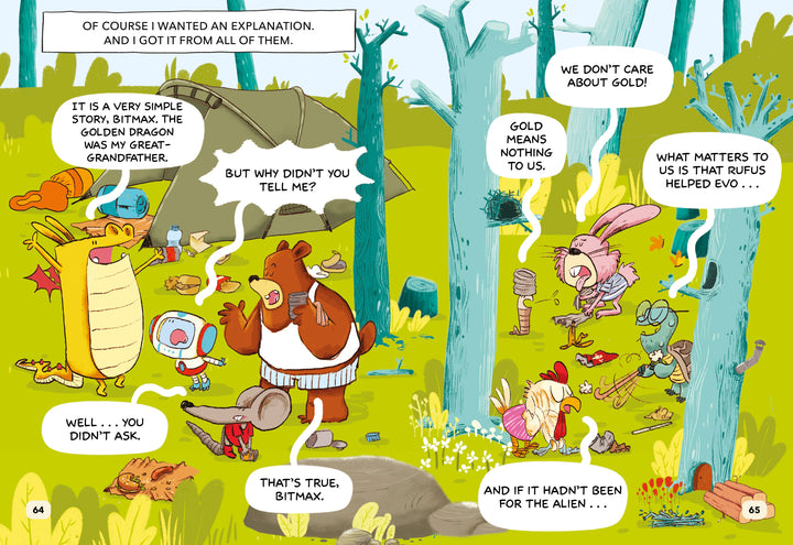 A bear, a rabbit, and the Golden Dragon chat in a vibrant forest. The rabbit sits in a tree, the bear gestures, and the dragon listens by a tent and campfire—a lively scene from The Golden Dragon by Schiffer Publishing, Ltd.