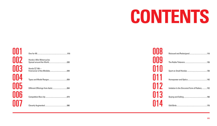 Table of contents for Mini Honda by Schiffer Publishing, Ltd. shows large red CONTENTS at top right, chapters 001–014 in red, featuring Honda Super Cub and Honda Monkey, with titles and page numbers in black on white.