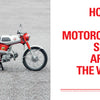 A Mini Honda from Schiffer Publishing, Ltd. stands on gravel, with bold red text on the right: Mini Honda motorcycles from Schiffer Publishing, Ltd. have spread worldwide.