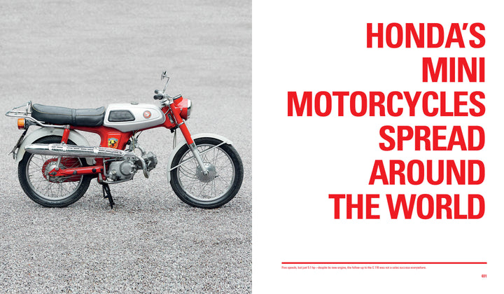 A Mini Honda from Schiffer Publishing, Ltd. stands on gravel, with bold red text on the right: Mini Honda motorcycles from Schiffer Publishing, Ltd. have spread worldwide.