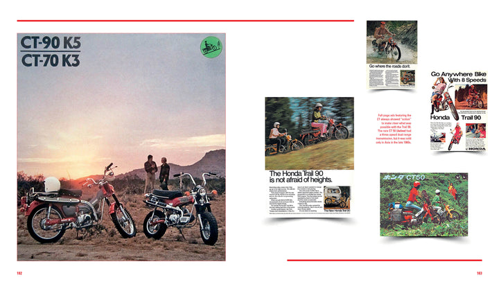 A vintage ad showcases Mini Honda bikes by Schiffer Publishing, Ltd. outdoors at sunset with people nearby, while smaller ads highlight riders on trails, showing the bikes’ adventure-ready versatility.