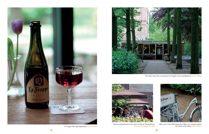 A copy of "Trappist Beer Travels, Second Edition" by Schiffer Publishing, Ltd. rests on a table; nearby photos show monastery journeys, outdoor dining, and bicycles—reflecting the charm of exploring authentic Trappist breweries.