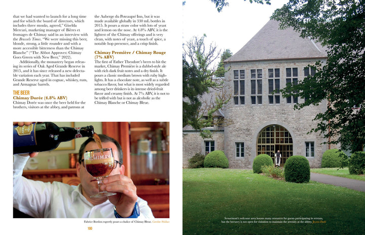 Someone pours Trappist Beer Travels, Second Edition by Schiffer Publishing, Ltd. into a glass under descriptive text. To the right, a grand stone monastery with an arched entrance stands among trees and grass.
