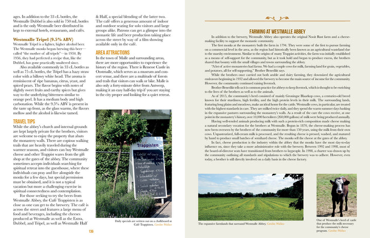 A two-page spread in Trappist Beer Travels, Second Edition by Schiffer Publishing, Ltd. highlights Westmalle Tripel, travel tips, area sights, and Abbey farming with photos of menus, green fields, cows, and wide farmland under blue skies.