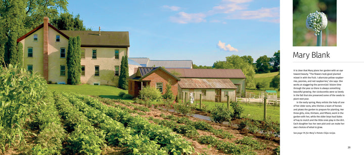 A farmhouse and barns nestle among green fields and a kitchen garden under blue skies. At right, text and a close-up of a flowering plant evoke classic Amish vegetable plots. Amish Gardens of Lancaster County by Schiffer Publishing, Ltd.