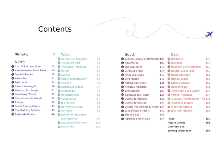 A contents page in Glamping by Schiffer Publishing, Ltd. lists Europe locations by North, West, South & East regions with page numbers. Sections and place names are color-coded; an airplane icon is in the top right corner.