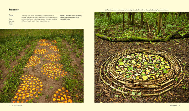 Two images from "Land Art" by Schiffer Publishing, Ltd.: left shows orange and yellow flowers arranged in rows to form a path; right features a circular pattern of leaves, sticks, and stones atop a tree stump.