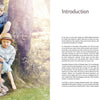Six children in light-colored knitted outfits gather around a tree outdoors, sun filtering through leaves. On the right, introductory text appears. They wear designs from "Summer Knitting for Little Sweethearts" by Schiffer Publishing, Ltd.