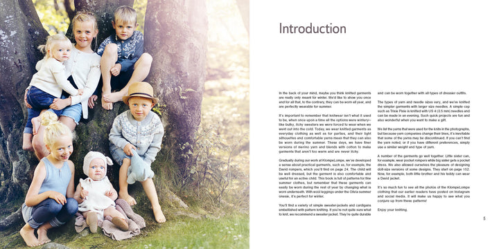 Six children in light-colored knitted outfits gather around a tree outdoors, sun filtering through leaves. On the right, introductory text appears. They wear designs from "Summer Knitting for Little Sweethearts" by Schiffer Publishing, Ltd.