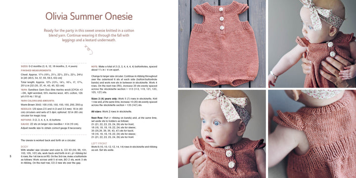 A page from "Summer Knitting for Little Sweethearts" by Schiffer Publishing, Ltd. displays photos of a baby in a pink hand-knit onesie and headband, detailed shots of merino wool yarn buttons, and instructions for children's knitwear.