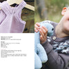 On the left, three pastel purple children's knits from *Summer Knitting for Little Sweethearts* by Schiffer Publishing, Ltd. hang on wooden hangers; on the right, a smiling child in a Scandinavian-style sweater hugs a blue plush toy.