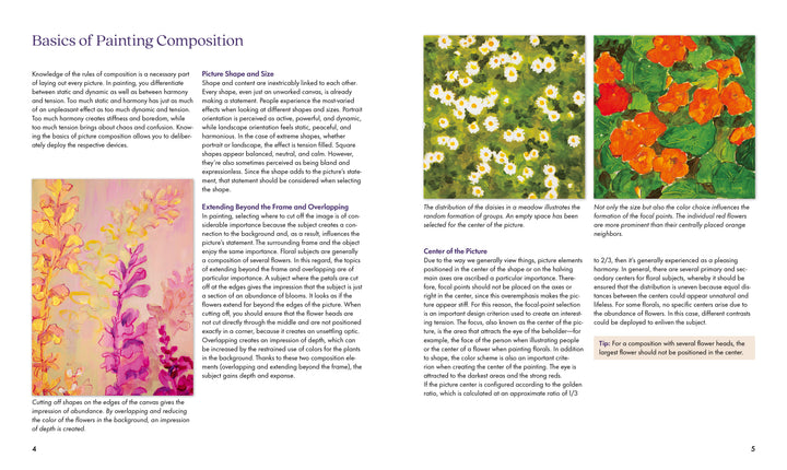 A two-page spread from "Fabulous Flowers with Acrylics" by Schiffer Publishing, Ltd. displays text columns and three vibrant acrylic paintings—daisies, orange blooms, and abstract pink-yellow flowers—highlighting floral painting techniques.