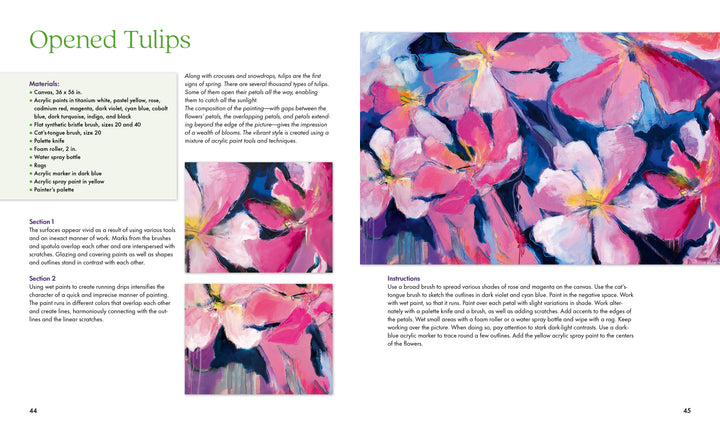 Fabulous Flowers with Acrylics by Schiffer Publishing, Ltd. features vibrant, impressionistic acrylic paintings of tulips in pink, white, and purple with green leaves, plus step-by-step instructions and art materials for painting flowers.