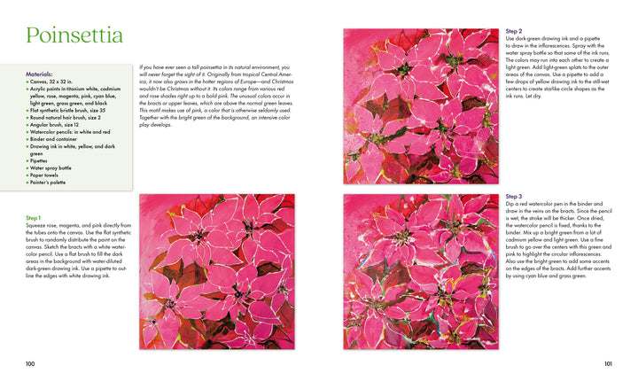 The two-page spread "Fabulous Flowers with Acrylics" by Schiffer Publishing, Ltd. details materials and four steps for painting poinsettias on pink, featuring stage-by-stage images and floral painting tips.