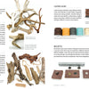 A book spread from Leather Art by Schiffer Publishing, Ltd. showcases design elements, leather lacing and molding techniques, plus photos of antlers, wood pieces, leather cords, a metal rivet tool, and riveted leather samples.