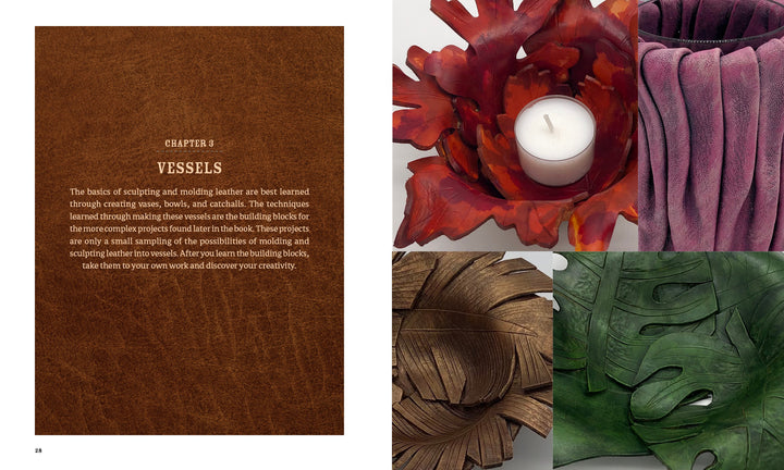 A book spread from "Leather Art" by Schiffer Publishing, Ltd. shows CHAPTER 3: VESSELS on a brown textured page about molding leather, with four colorful leather vessels shaped like flowers and leaves in red, purple, bronze, and green.