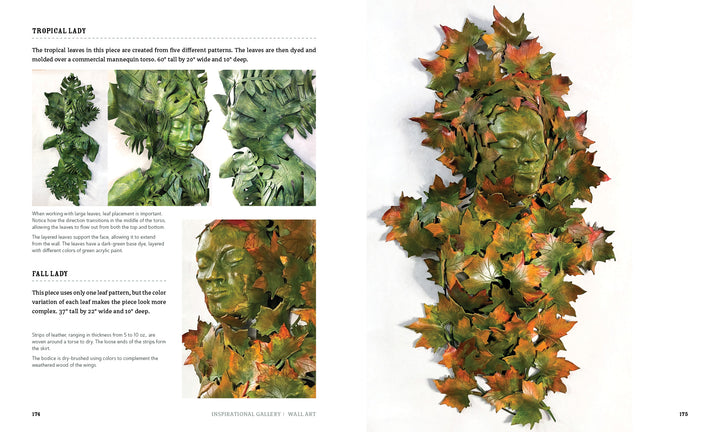 Leather Art by Schiffer Publishing, Ltd. features a green female face sculpture surrounded by autumn leaves, created with leather sculpting techniques. Includes close-ups of molded leaf details and descriptions of the art process.