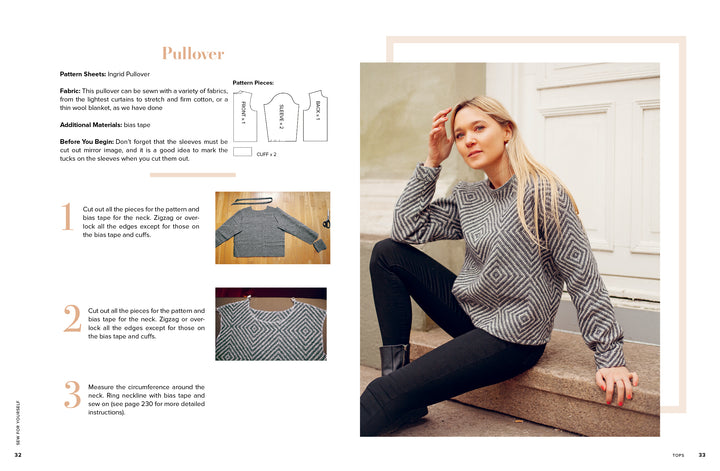A woman in a gray and white geometric sweater sits thoughtfully on stone steps; on the left, "Sew for Yourself" by Schiffer Publishing, Ltd. displays sewing instructions, paper patterns, and customizable size options.
