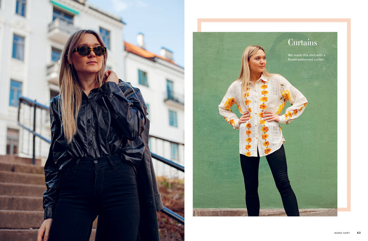 Left: A woman in sunglasses and a shiny black blouse stands outdoors. Right: The same woman indoors wears a white shirt made from Sew for Yourself by Schiffer Publishing, Ltd., with yellow flower-patterned curtains in the background.