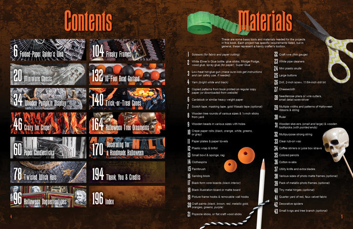 How to Haunt Your House Halloween Craft Fun by Schiffer Publishing, Ltd. includes a materials list with scissors, foam balls, paint, and pipe cleaners, plus a DIY project table of contents—all set on a textured orange and brown background.