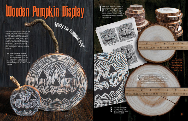 Two tree slices painted with jack-o’-lantern faces, alongside blank wood slices and templates, showcase the "How to Haunt Your House Halloween Craft Fun" kit by Schiffer Publishing, Ltd.—perfect for crafting festive Halloween party decorations.