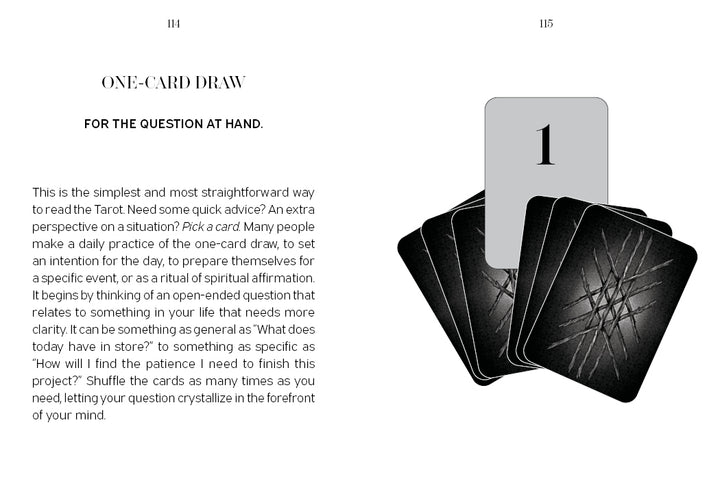 A spread from Nightfall Tarot by Schiffer Publishing, Ltd. shows five overlapping cards, one face-up as card 1, alongside a page of instructions explaining the one-card tarot draw method.