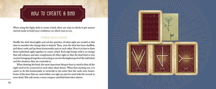 An open book spread from "Sigils" by Schiffer Publishing, Ltd. The left page details creating a Three-Sigils Bind with cards. The right shows four illustrated cards—three face down, one face up displaying sigil symbols.