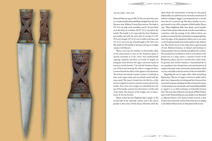 On the left, three views of The Skean by Schiffer Publishing, Ltd. display its ornate bronze and iron carvings, while text on the right explores this Gaelic Irish dagger against a light solid background.