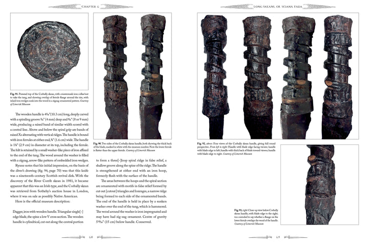 A page from "The Skean" by Schiffer Publishing, Ltd. features photos of a Viking sword hilt and pommel close-up, with captions and text exploring Irish weapon history and descriptions of the artifact.