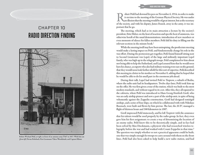 Historical black and white photo from "101 Hours in a Zeppelin" (Schiffer Publishing, Ltd.) shows four men in coats and hats by a tall metal radio antenna outside a building with a wooden hut, evoking early 20th-century airship communications.