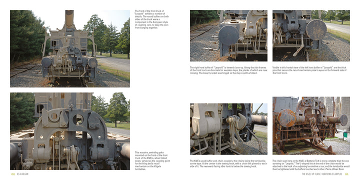 A two-page spread from Schiffer Publishing, Ltd.'s "K5 Rail Gun" shows detailed front and back photos of the large, weathered railway gun, highlighting metal parts, armor, and mechanisms with trees, grass, and descriptive captions in the background.