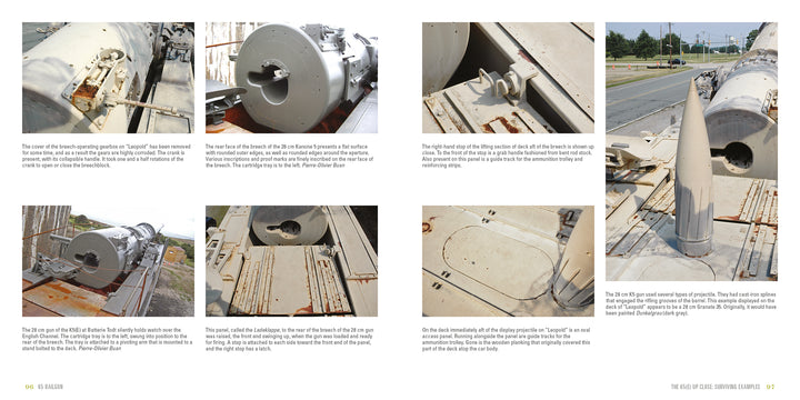 A collage of close-ups displays various views and details of the K5 Rail Gun by Schiffer Publishing, Ltd., highlighting its large cylindrical steel structure and components on a flatbed trailer in an outdoor industrial setting.
