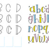 In "Trust Me, You Can Letter" by Schiffer Publishing, Ltd., learn to draw A–D step-by-step on the left page, while the right showcases a whimsical, colorful lowercase alphabet accented with stars in playful hand-drawn lettering styles.