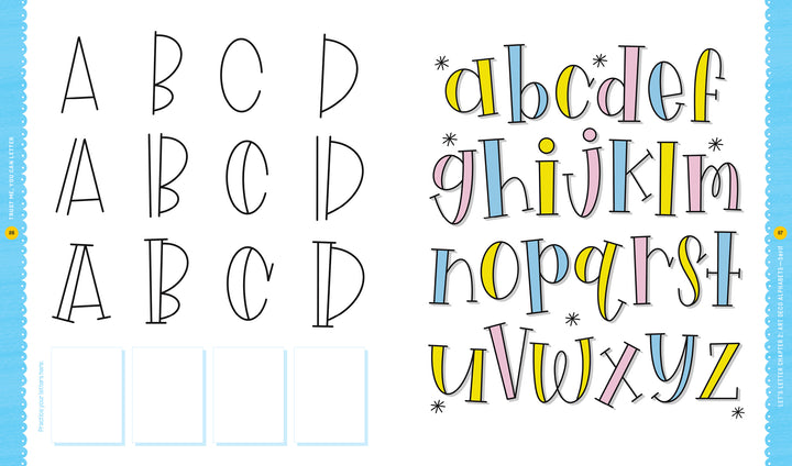 In "Trust Me, You Can Letter" by Schiffer Publishing, Ltd., learn to draw A–D step-by-step on the left page, while the right showcases a whimsical, colorful lowercase alphabet accented with stars in playful hand-drawn lettering styles.