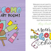 A vibrant spread from "Trust Me, You Can Letter" (Schiffer Publishing, Ltd.): left page says “Welcome to my art room!” with supplies and a smiling heart; right shows bold lettering styles and the note “You’ve got this.”.