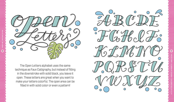 Trust Me, You Can Letter by Schiffer Publishing, Ltd. features an outlined uppercase A–Z faux calligraphy alphabet with black lines, light blue shadows, blue dots, and a green leaf—ideal for learning lettering or creating alphabet art.