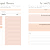 A two-page spread from the On the Bright Side Sticker Journal by Schiffer Publishing, Ltd. features sections for project name, progress bar, budget, to-do list, notes, and an action plan with goal, motivation, reward, steps, and deadlines.